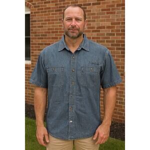 Cabelas XL mens chambray denim short sleeve double pocket work shirt button up